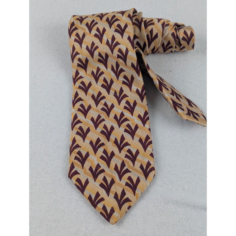 Pal Zileri Mens Silk Tie Gold Burgundy Geometric Floral Made in Italy 3.75" W
